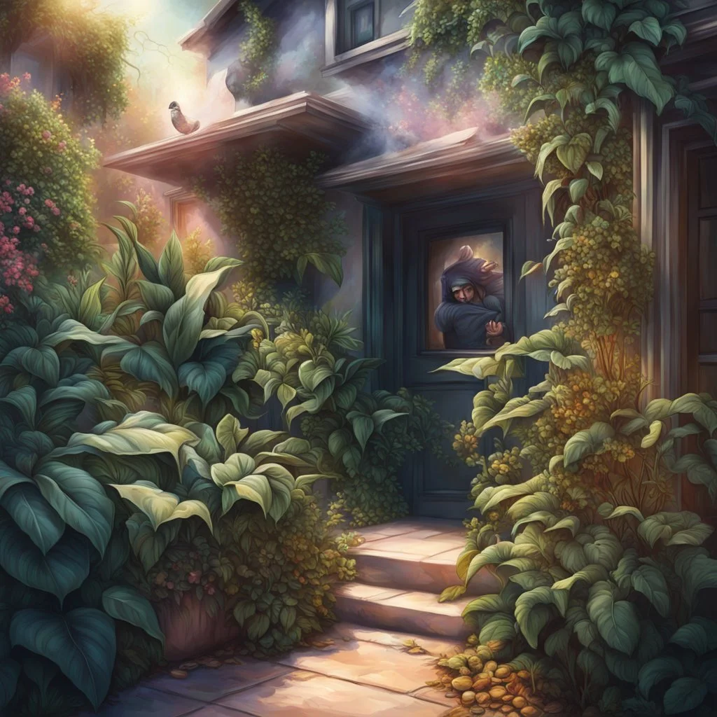 Magical home defense plants, home robbers trying to break into a house being accosted by magical aggressive shrub, photorealism, expansive, palpable textures, rich sharp colors