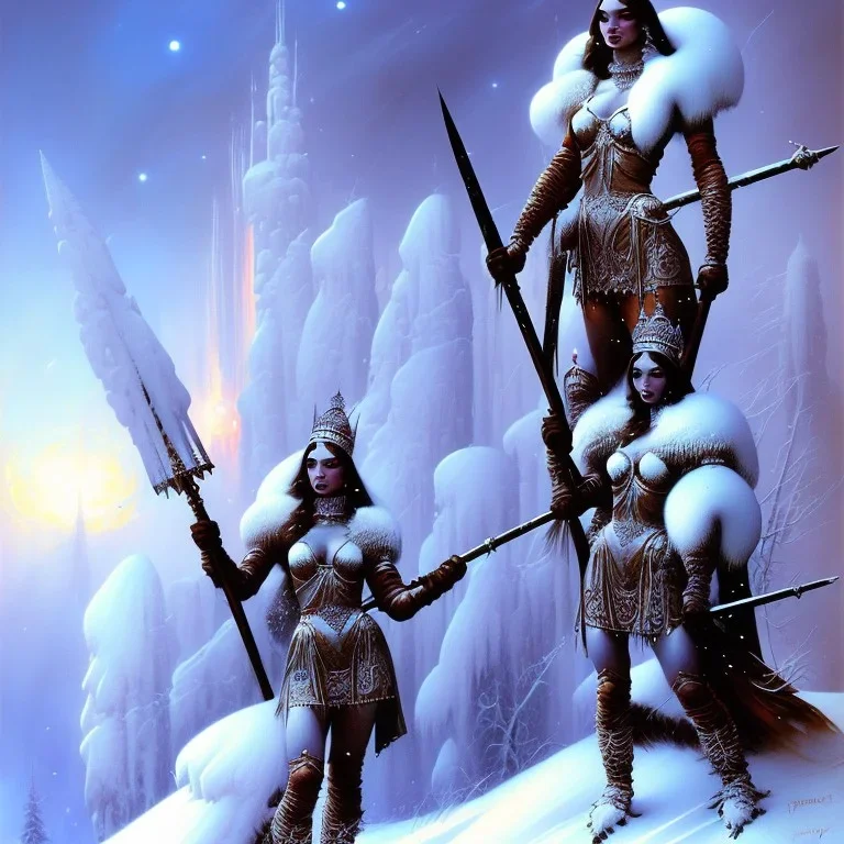 art by frank frazetta, stunning female winter warriors, ice queens, nip