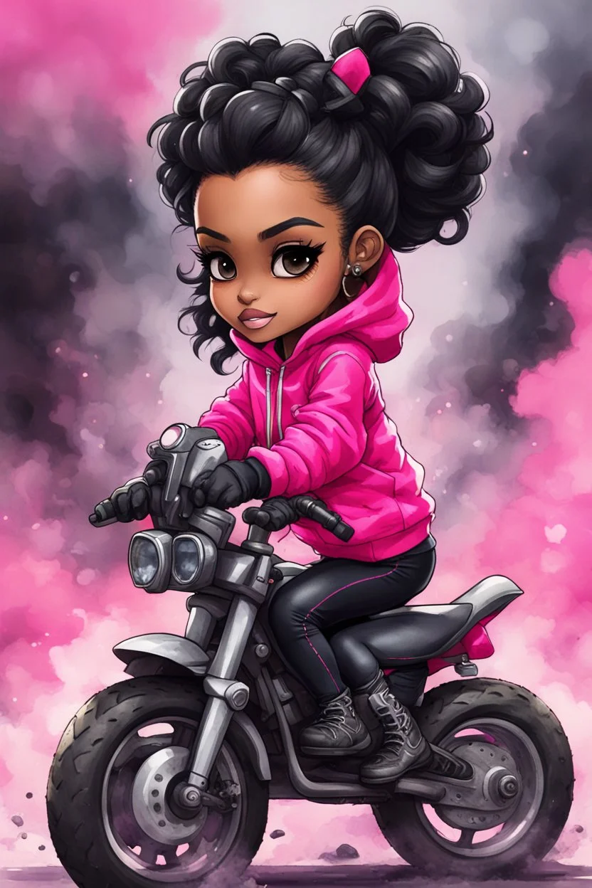 Create a watercolor illustration of a chibi cartoon full figure black female riding a sports motorcycle. She is wearing hot pink hoodie and black tights with biker boots. Prominent make up with log lashes and hazel eyes. Extremely highly detailed black shiny wavy hair up in a messy bun. Background of smoke surrounding her and the bike and she's at a bike show.