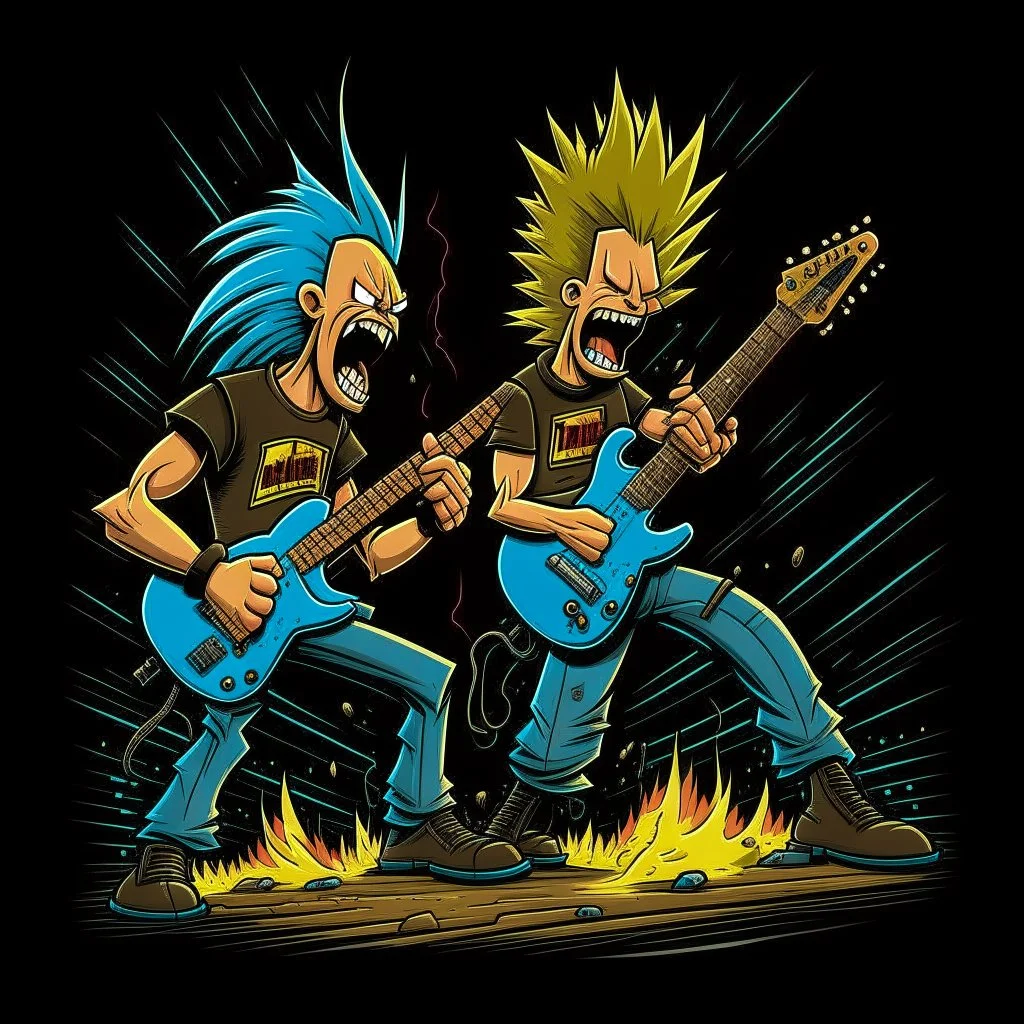 Beavis and Butthead as thin heavy metal guitarists, wearing t-shirts, screaming on stage and playing guitar, professional concert photography, spotlight, intricately detailed, cinematic, cartoon, dynamic composition,