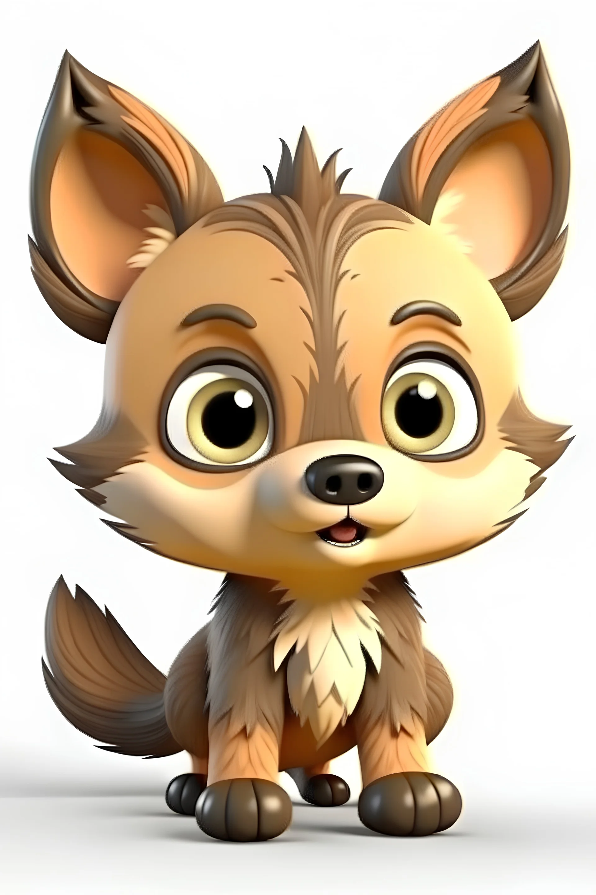 A cute brown baby wolf with big eyes, animated, cartoon, unreal, no background.