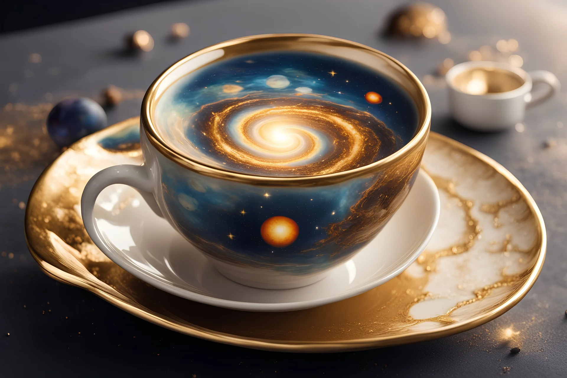 A universe swirling in a beautiful gold rimmed porcelain coffee cup, with planets, stars, steam, masterpiece, in sunshine