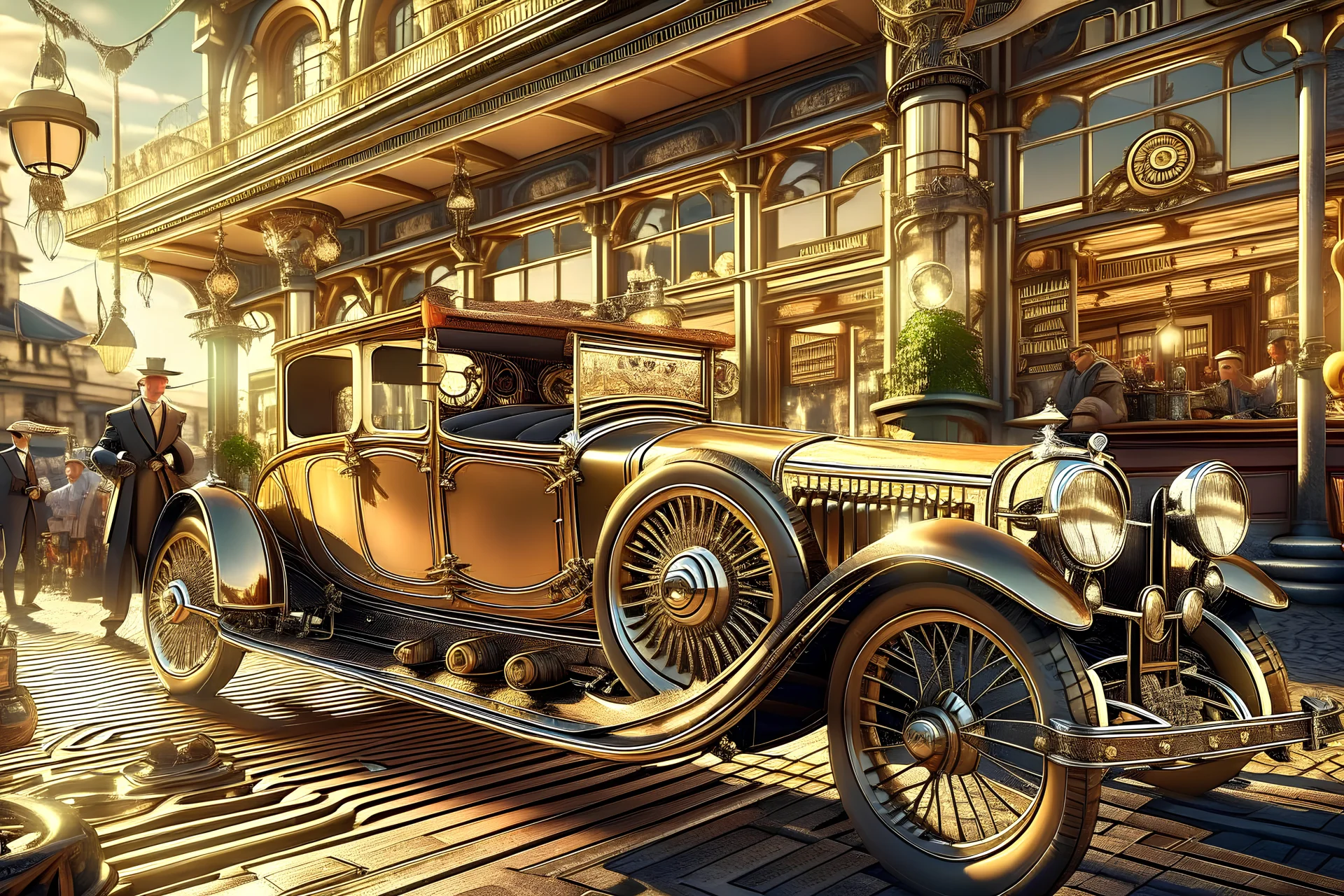 Vintage postcard, steampunk car on the sunlight, In the background is an Art Noveau style cafe with a terrace, DSLR camera Sony Alpha 7 50mm 1.8, medium shot,high-resolution image with fine details, dystopian, cable electric wires, microchip, anatomical, polished, porcelain, citrine, ultra detailed, ultra realistic, extremely realistic, intricate, photorealistic, epic composition, masterpiece, H.R.Giger style