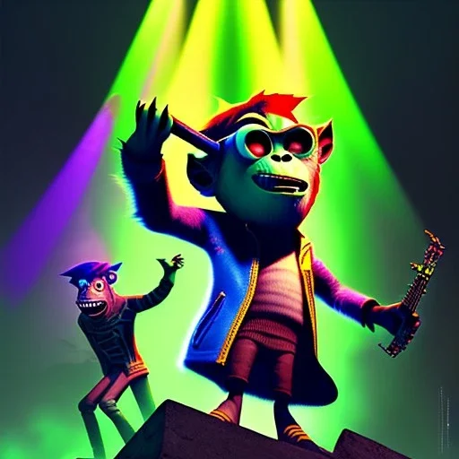 Mystery gorillaz russel, Ambiance dramatique, dramatic lighting, volumetric lighting, concert background, hyperrealisme, 8k, high quality, lot of details, fit within portrait