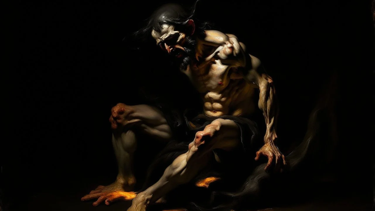 Desnudo artístico inspirado en Saturno devorando a su hijo de Francisco de Goya → Fotografía expresionista oscura → Estética de las Pinturas Negras → Lenguaje visual de la atrocidad, la deformidad física por la pasión ciega y el desgarro cárnico → Composición en una penumbra abismal con una figura de proporciones violentas emergiendo → Iluminación focalizada, dura y espectral que incide directamente sobre la violencia de la acción → Paleta de negros absolutos, ocres sucios, grises tierra y el ro