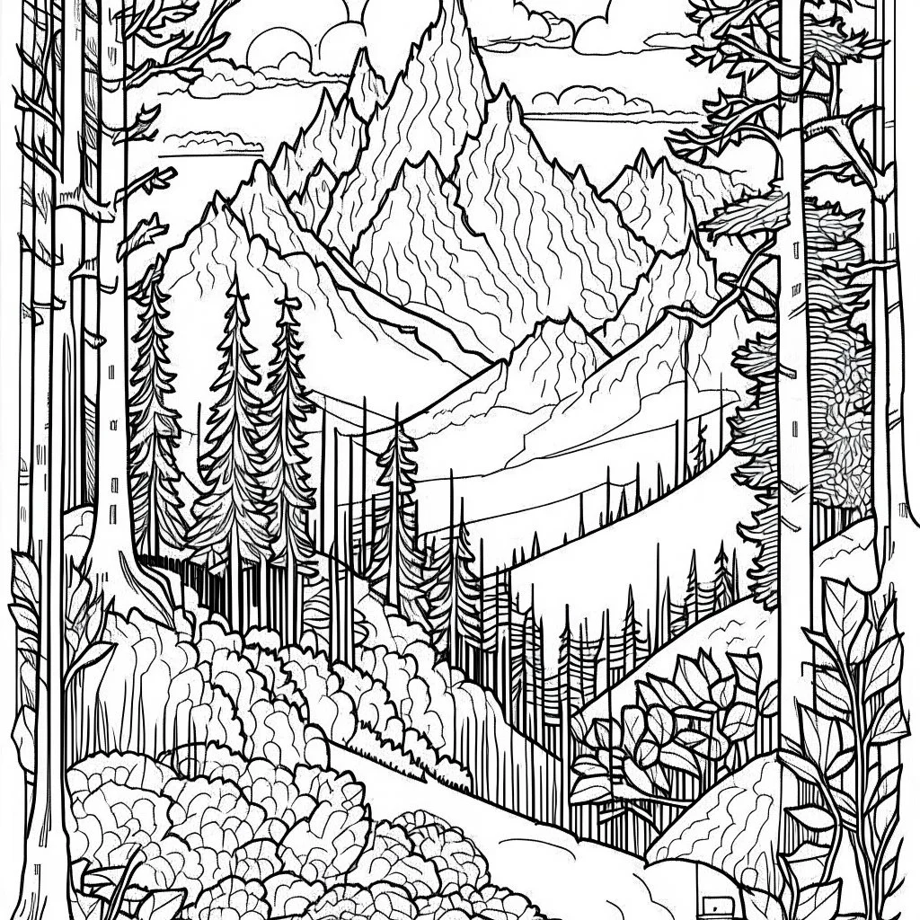 Outline art for coloring page with a cute mountain landscape white background, sketch style, only use outline, clean line art, white background, no shadows, clear outline reprezentand o imagine pe tema halucinatiilor provocate de droguri , cu culori primare tari, fantezie de înaltă definiție calitate clară, stiluri de Utagawa Hiroshige, Paul Klee Dee Nickerson și Tim Burton, acuarelă topită și contururi de cerneală neagră pe hârtie umedă, linii moi, umbrite