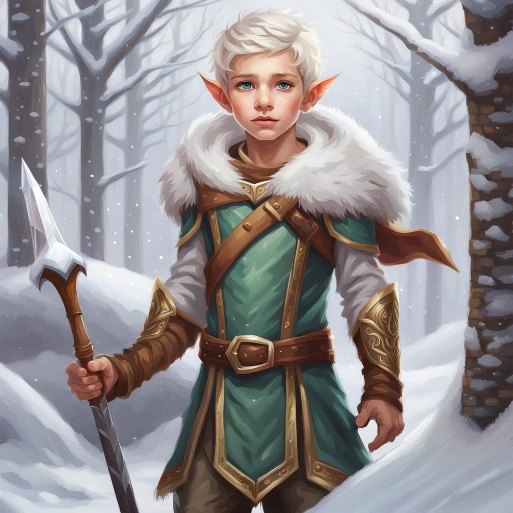 Snow Elf boy, digital art, hyper-detailed, light colors, 8k oil painting