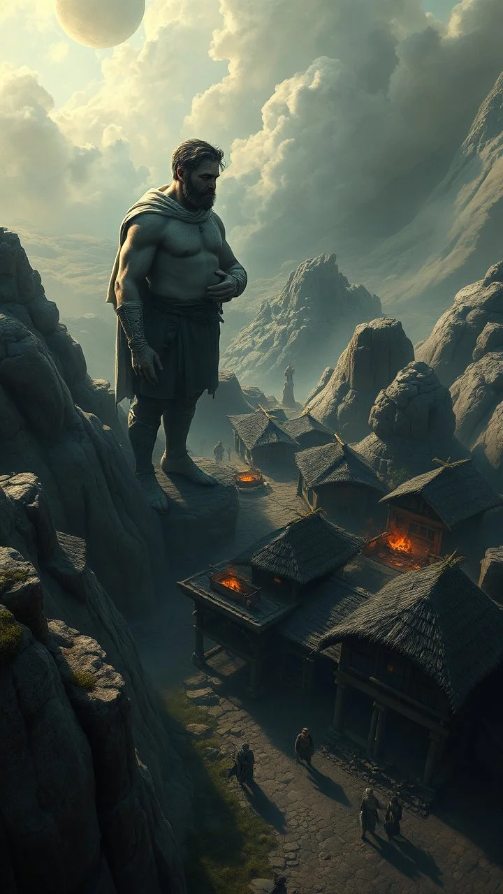 Busch nightmares paining style, thin line draw ,Title:a giant man looks like a hero holding ,a top view of a Stone Age village , 8k artistic photography, photorealistic concept art, soft natural volumetric cinematic perfect light, chiaroscuro, award-winning photograph, masterpiece, oil on canvas, Raphael, Caravaggio, Greg Rutkowski, people, beksinski, Giger