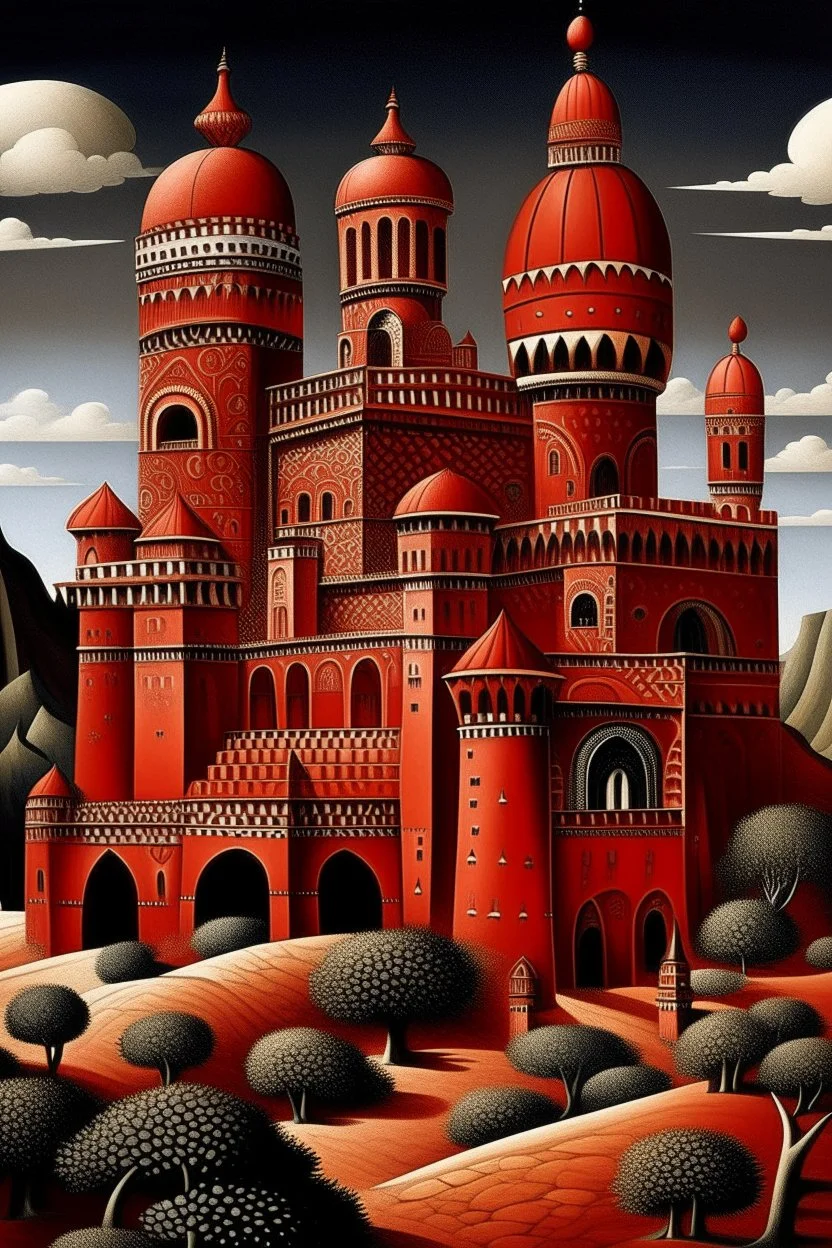 A red volcanic castle designed in African pottery painted by Edward Hicks