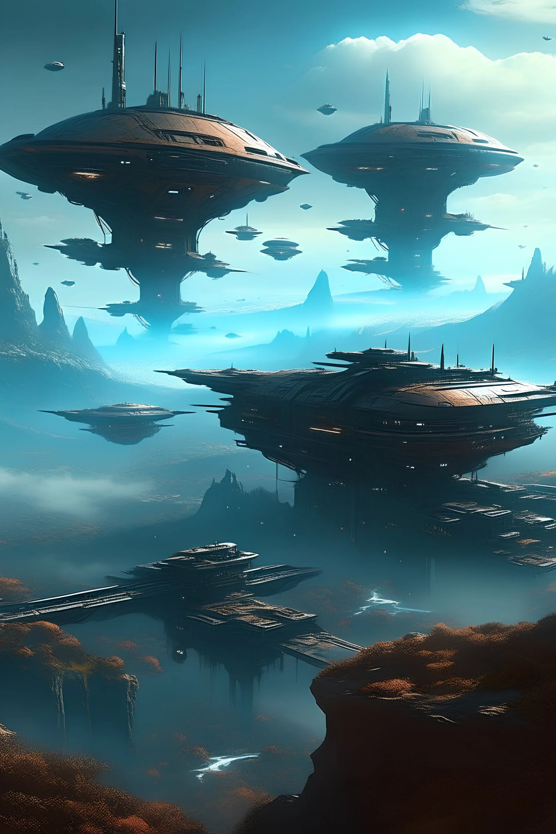 Cyberpunk landscape with flying spaceships