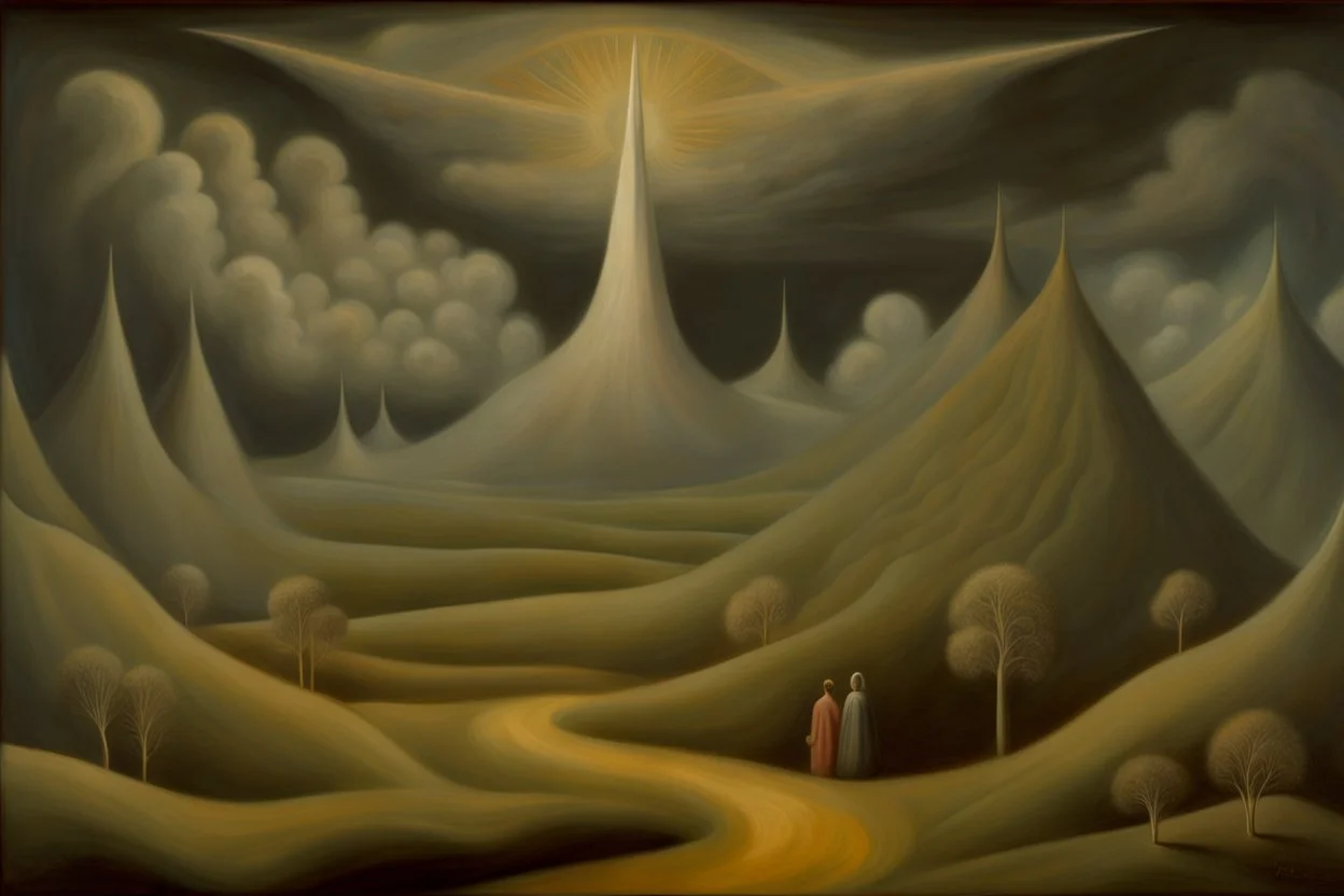 a surreal landscape with dramatic storm clouds by artist "Leonora Carrington",by artist "Agostino Arrivabene",by artist "David Inshaw"