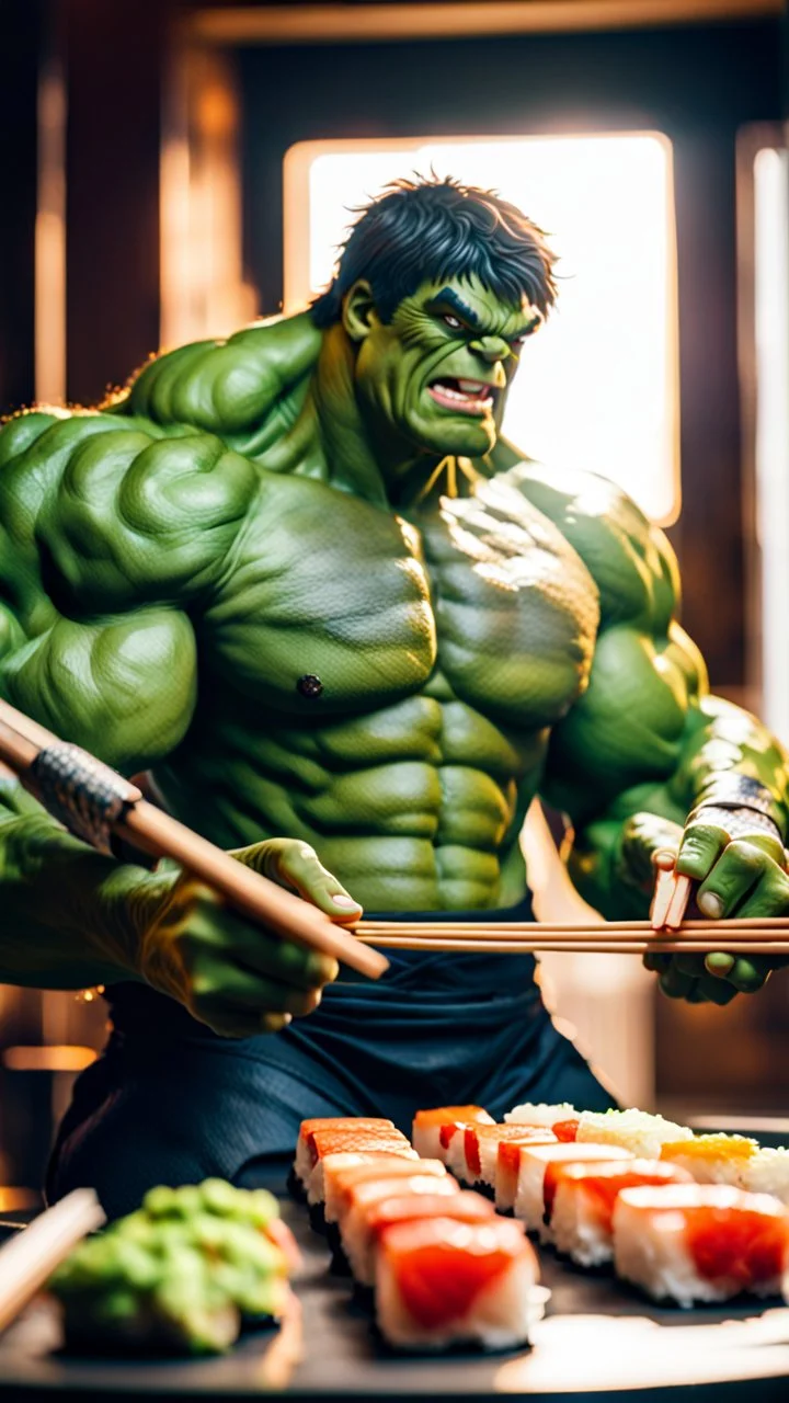 a hulk eating sushi with chopsticks, quality, full, beautiful light, raw photo, 8K UHD, police