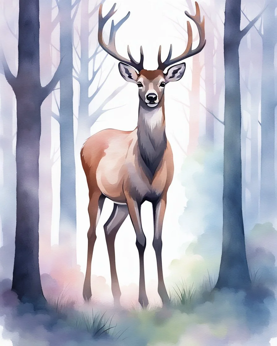 night, deer with antlers standing sideways, looking at viewer, realistic water color painted, among light colored tall simplified tree trunks, foggy, Easter Spring pastel colors, colorful, dark background