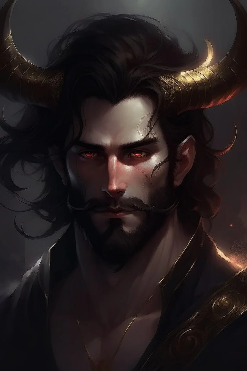 Beard, dark hair, demon prince, horns, handsome, mysterious, gentle, in love