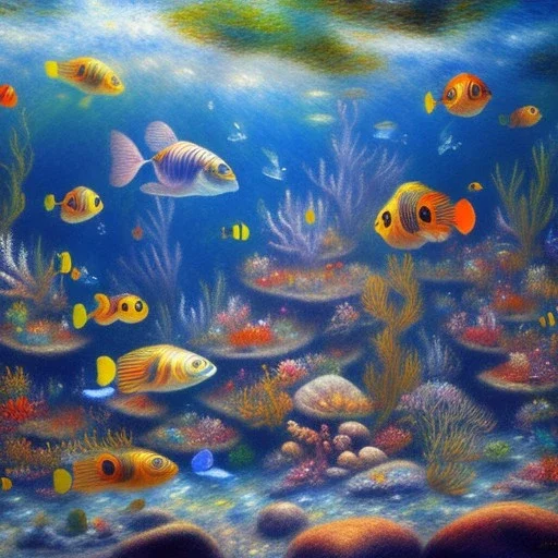 serene underwater scene, corol, fish, rocks, oil painting, by renoir