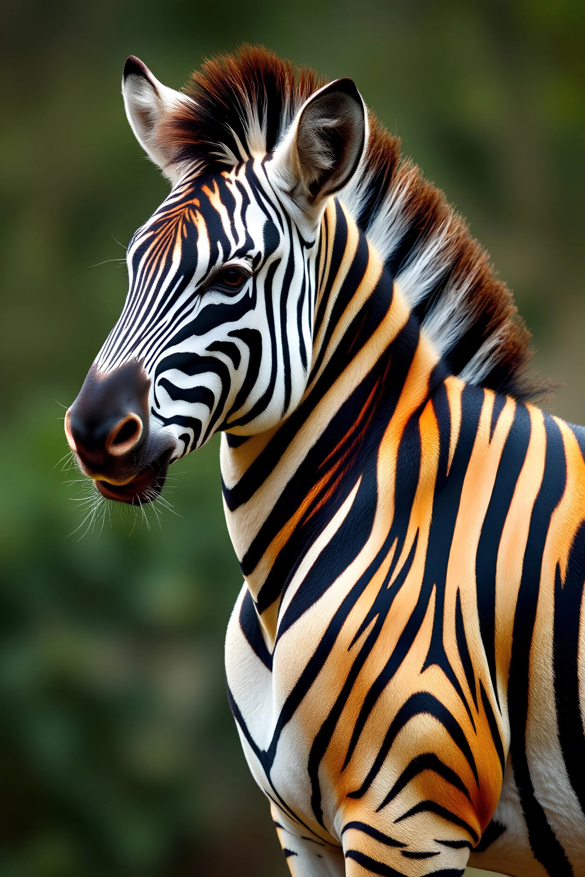 Buffed zebra with tiger patterns and colour, detailed musculature, full size, full body