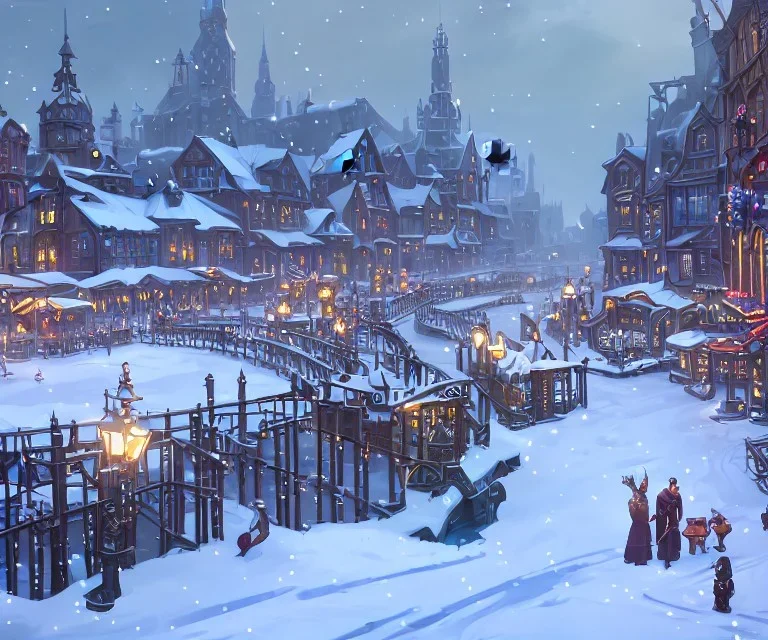 A magical town square with river canals for warlocks and witches in snowy Christmas