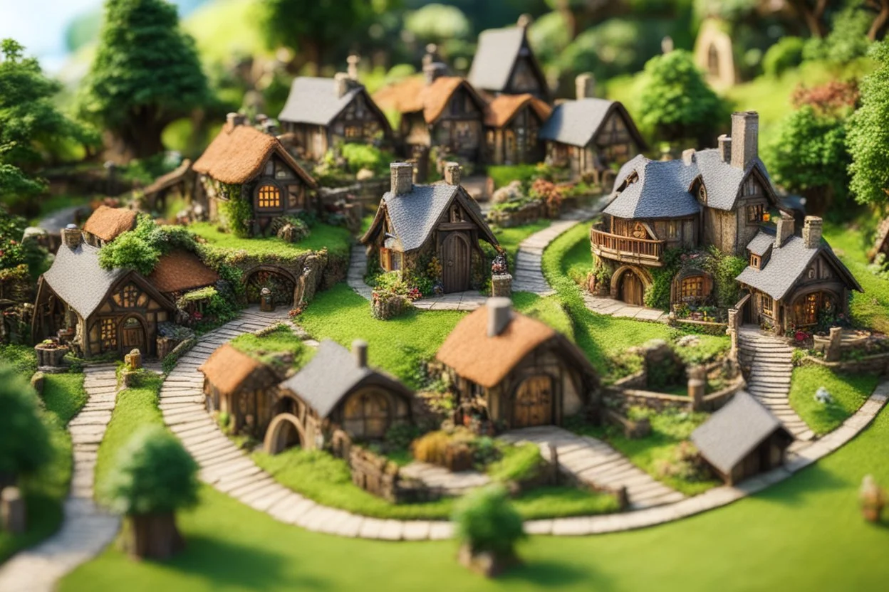 [tech-fantasy] Miniature techno-version village of the Shire hobbit steampunk tilt-shift