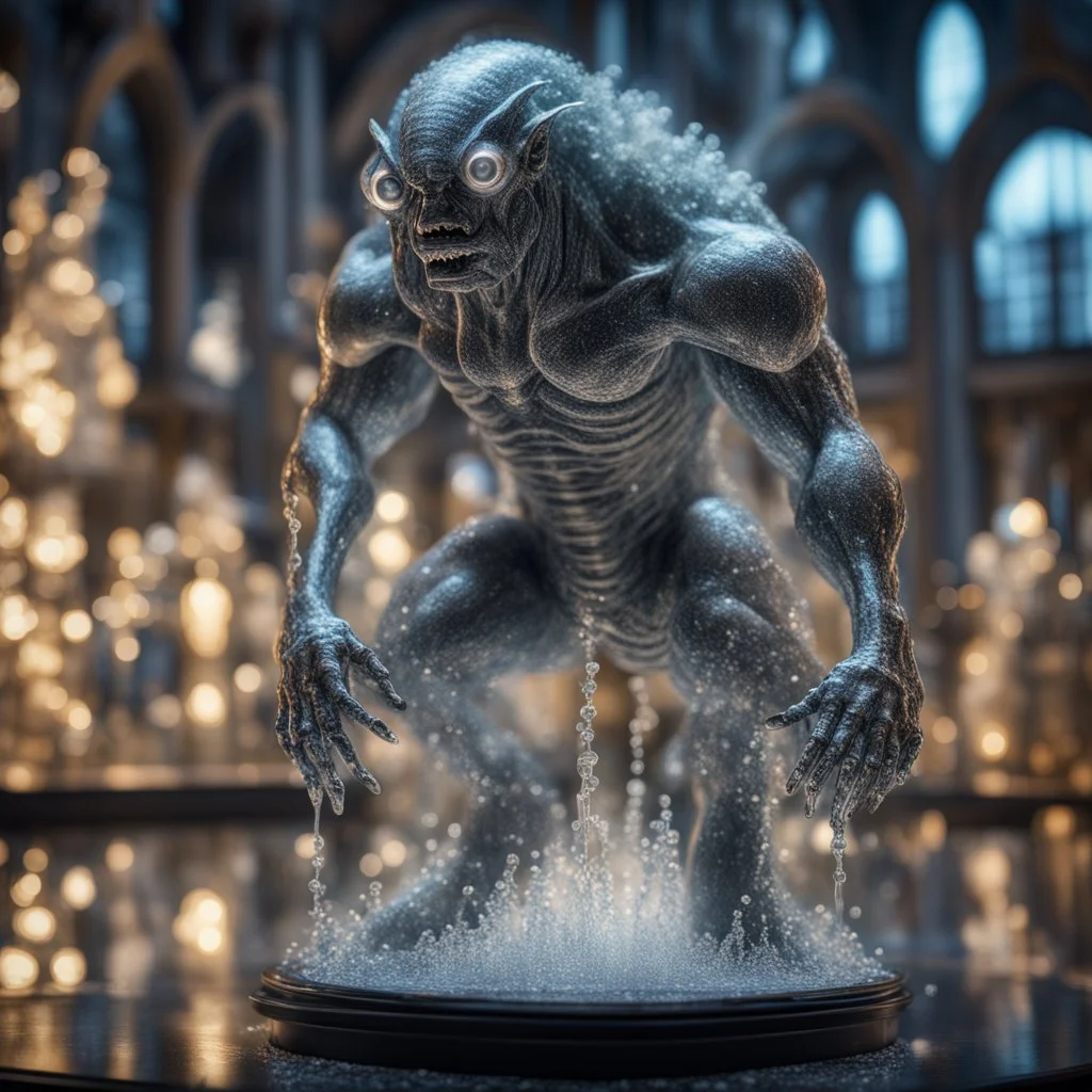 foaming giger escher ogre araknid sculpture in transparent murano glass beeing sprinkled by light fountain,bokeh like f/0.8, tilt-shift lens 8k, high detail, smooth render, down-light, unreal engine,bokeh like f/0.8, tilt-shift lens 8k, high detail, smooth render, down-light, unreal engine