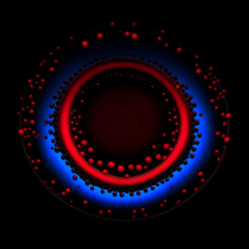 circle of waterdrops, dark romantic atmosphere, dark neon red and blue