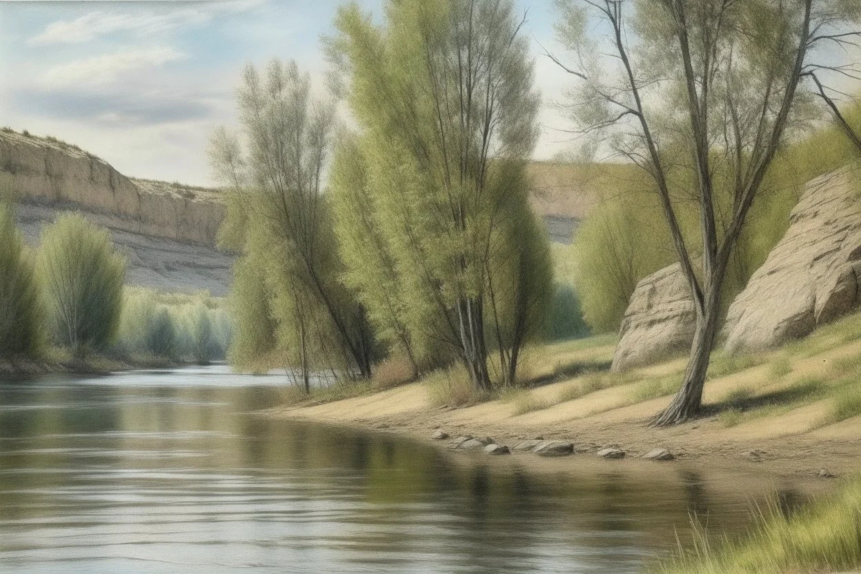 River scene by grey cliffs and trees in pastel chalk