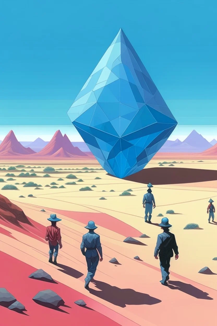 giant diamond in the desert with small people around n the style of Hiroshi Nagai