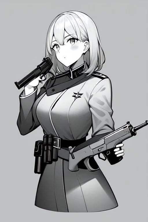 military girl takes out pistol, greyscale