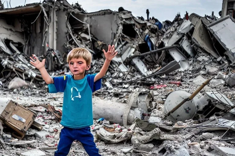 portrait of unkempt child ukranian war refugee waving a NATO flag amidst rubble and ruins with jet fighter plane flying overhead and shooting its machine guns