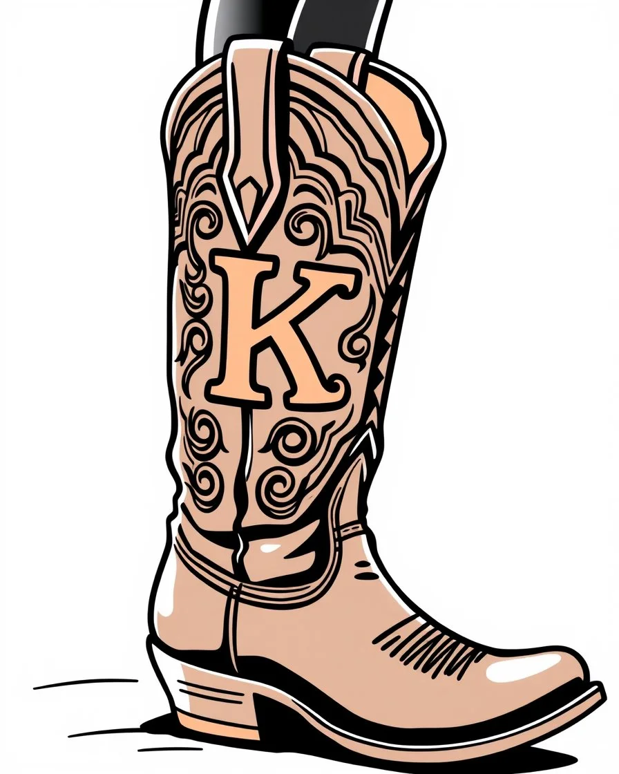 cowgirl boots with a large "K" in the pattern on the side of the closer boot. Vector illustration with bold linework
