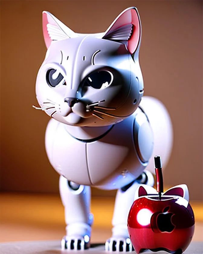 A robotic cat with an Apple logo called “iBots”, suggesting it’s made from an Apple product’s casing. Its glossy white and silver limbs are mechanically jointed, reflecting a scarabet’s anatomy. The design is a creative fusion of technology and organic form, compactly labeled “ibots.” Hyper detailled, hyper realistic, 4K, sharp render