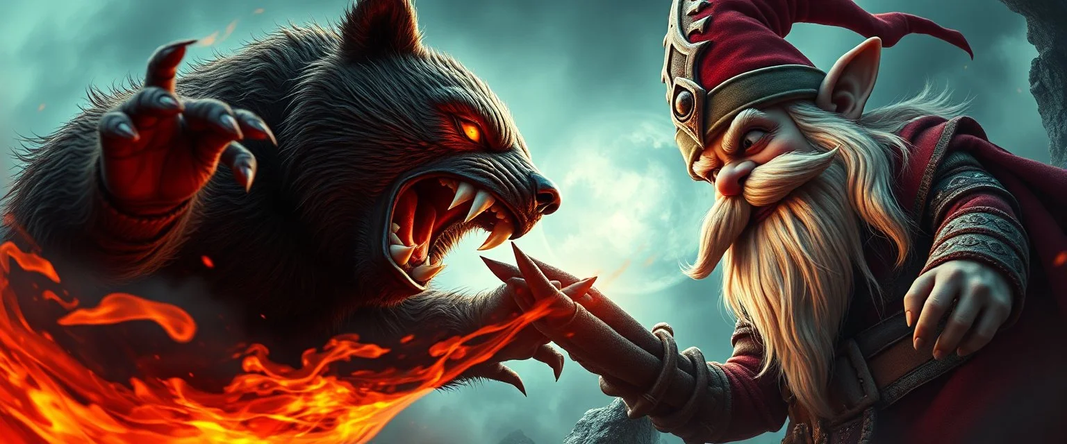 epic movie poster, fire drop bear vampire vs gnome goblin rock priest, fish eye lense