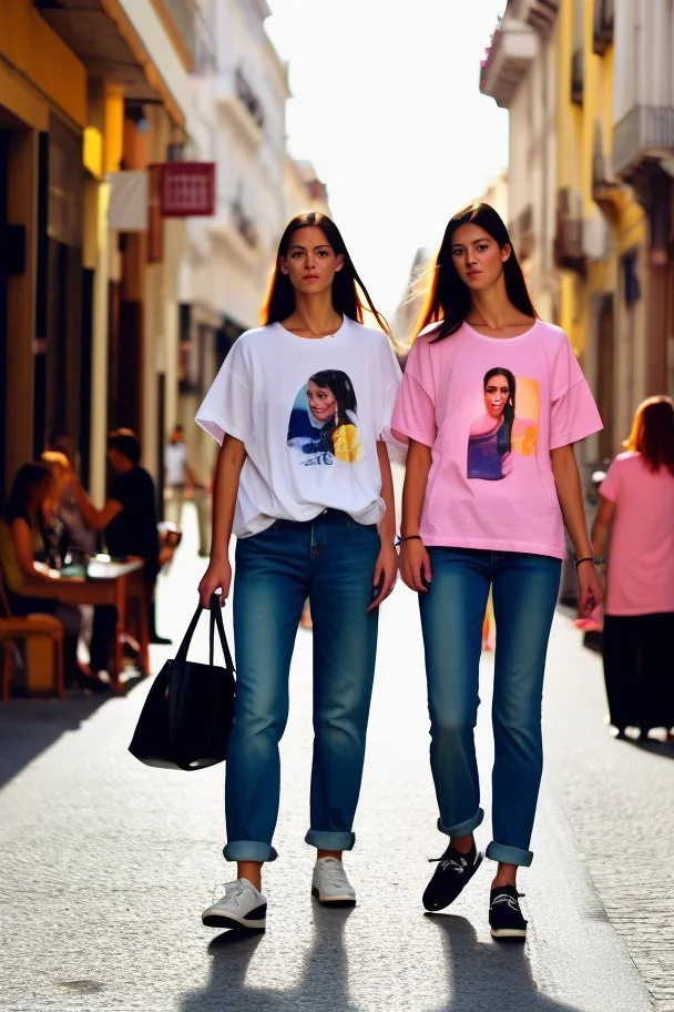 mujeres caminando por una céntrica calle de una ciudad española, visten ropa de segunda mano, camisetas y vaqueros, es la moda y es tendencia, fotografía real, de cara a la cámara