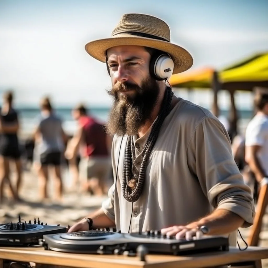 A short brown beard DJ with a hat on his head, sing at microphone, many electronic consoles around,dunes beach, FRONT VIEW