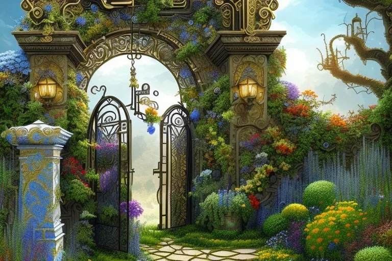 intricate ornate gate, garden, path, flowers, fine detail, acrylic paint, Steampunk