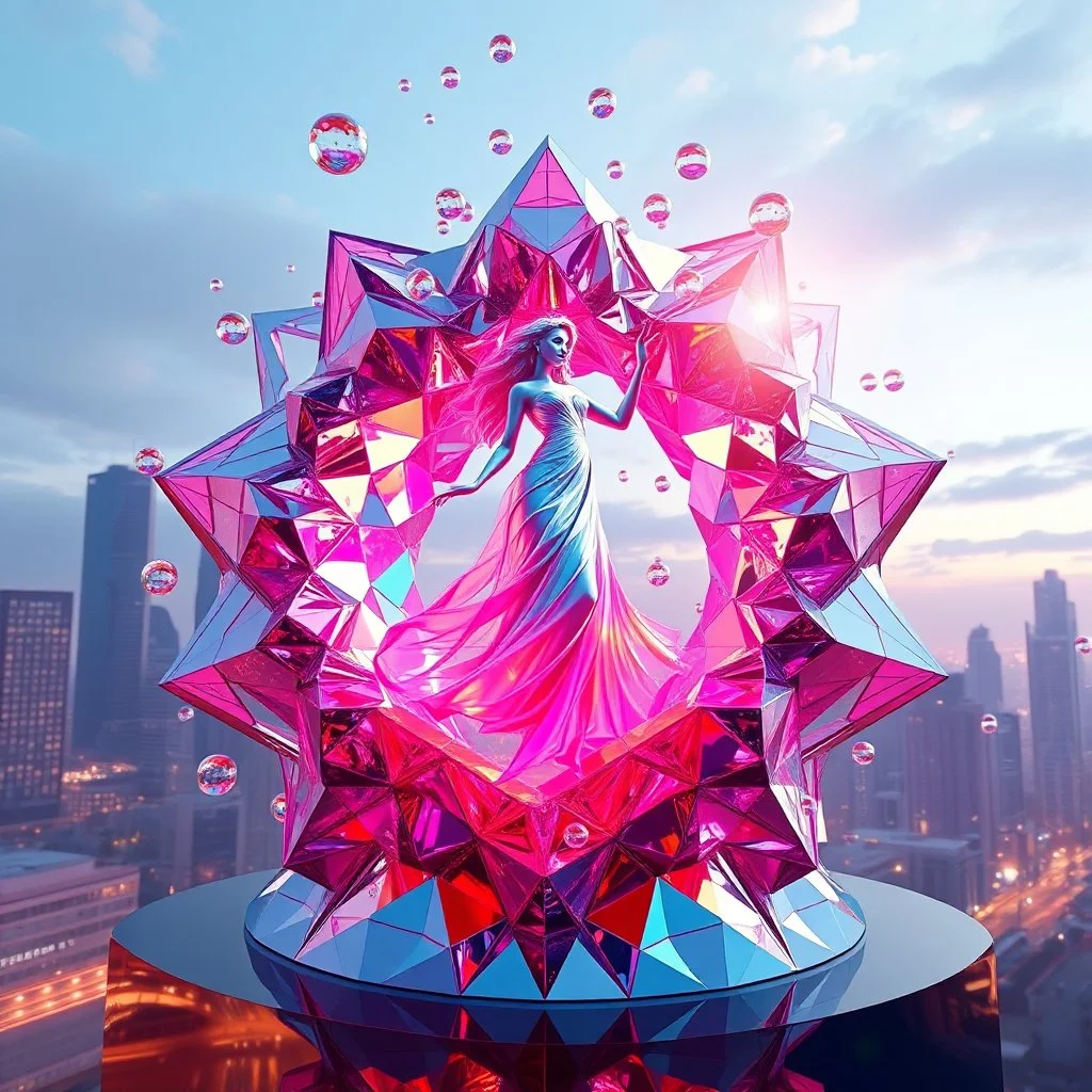 very complex CIFY structure ,pretty viberating color environment 3d metalic and crystal recursive evolving and animating beveled geometric base very complex structure emiting mirror bubbles that broke, goddess of love in a pretty cleric dress comes out dancing gracefully , viberating color moving very in modern city escape environment while camera tracking it.