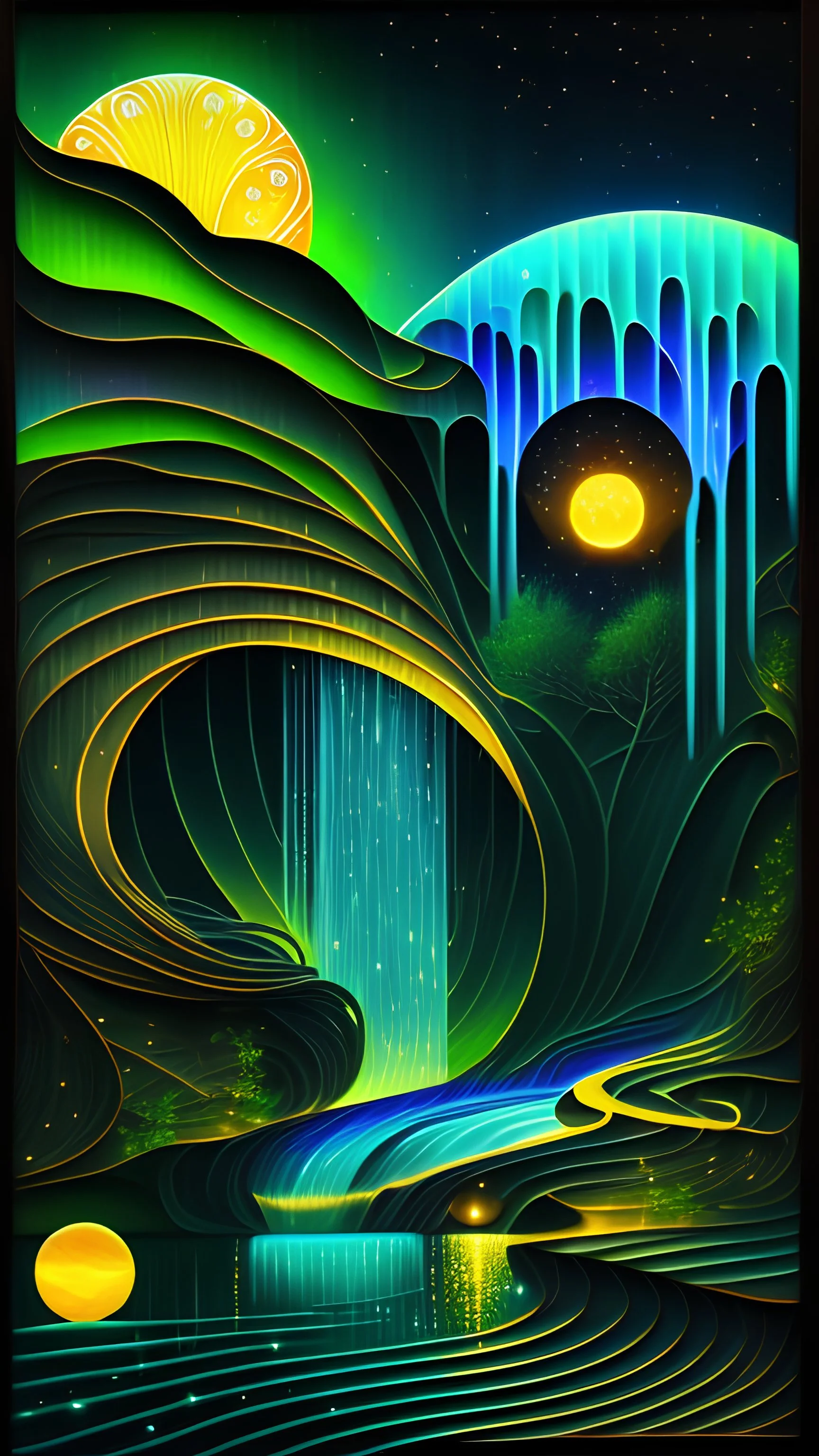 Oil Art minimal nouveau style, Fluid and organic lines, with a electric waterfall and starry night with majestic moon in a neon color on a plain background. A simple profile of a diamond wallpaper, A black and sunset palette with light ivory neon details, leveraging the organic shapes and naturalistic sense of Art Nouveau, 4K, hyper detailed, futuristic neon lights ambient, cinematic photography