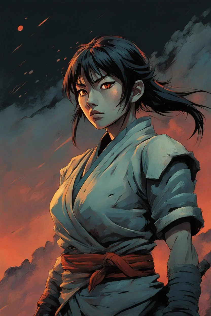 Original anime Japanese female kungfu warrior main character . Studio ghibli style mixed with Frank Frazetta. Mobius style background. Iconic character design. Dynamic silhouette . Unique features. Make the eyes the focal point. Dystopian sci-fi . Stone cold killer. Brilliant use of color theory and cinematic lighting. cubism style