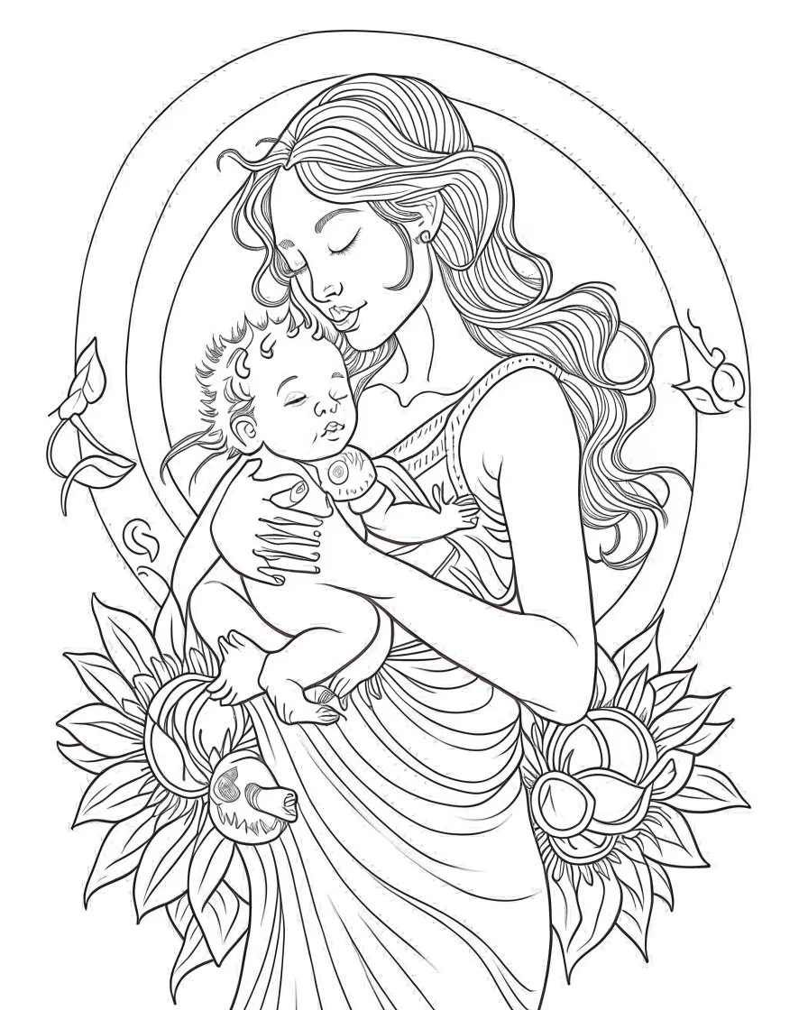 mother with his sun coloring page, full body (((((white background))))), only use an outline., real style, line art, white color, clean line art, white background, Sketch style