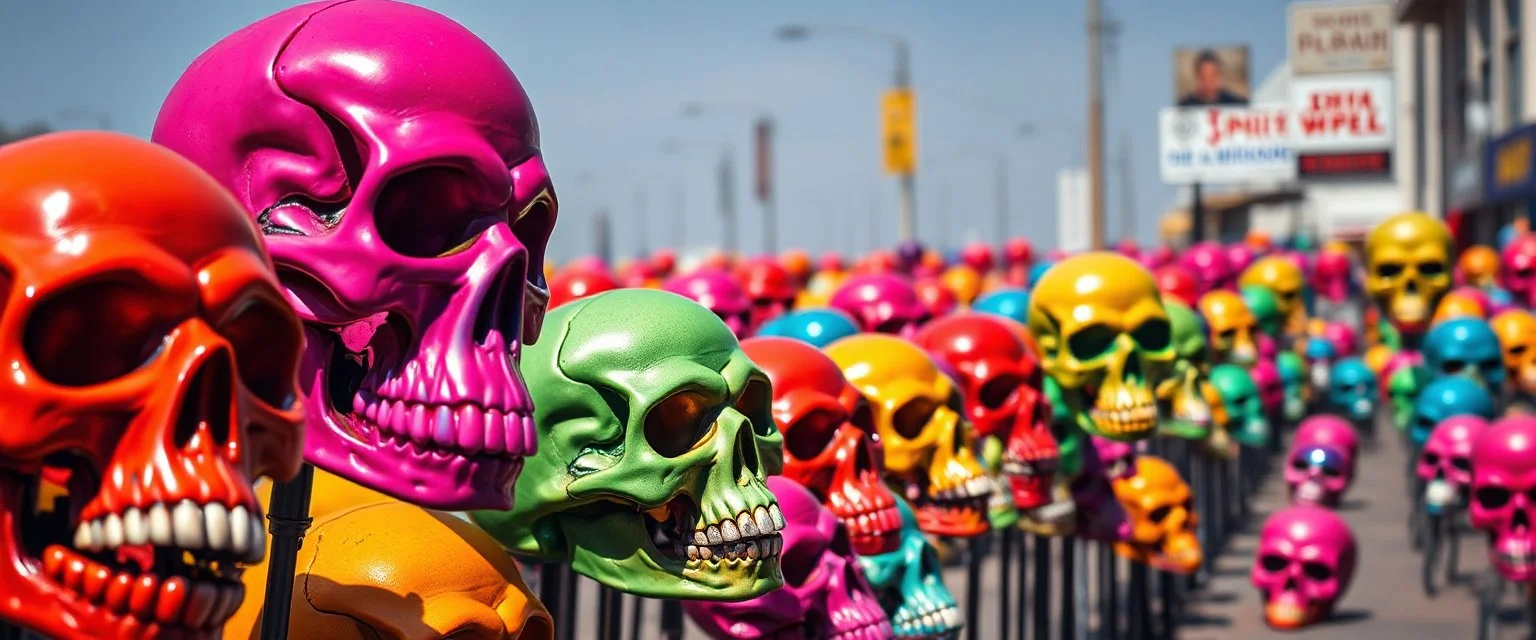 a field of skulls, multi colored, bright, vivid, psychedelic, high detailed, high gloss, insanely detailed, matte, horrorcore, lining the street, unsettling contrast, monument to death, grim reaper parade