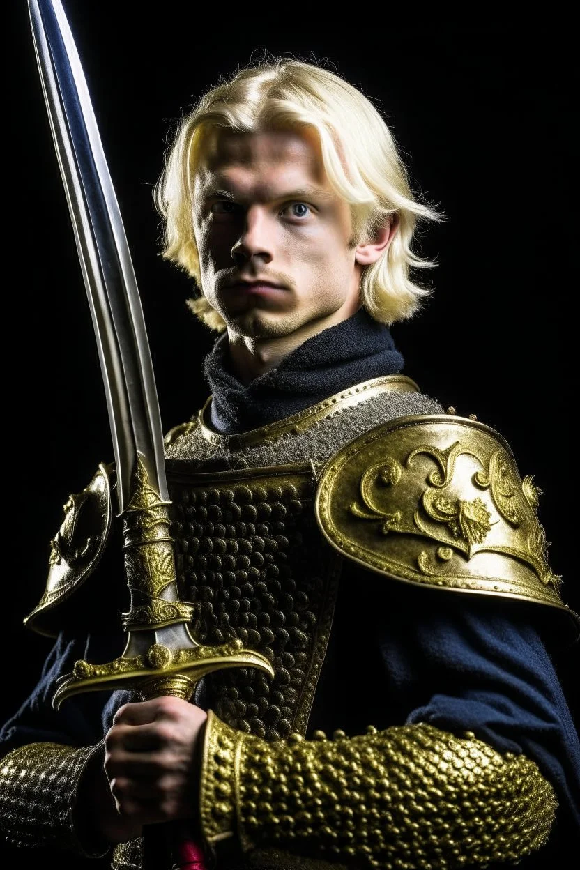 blond hair young adult royal guard swordsman with rapier