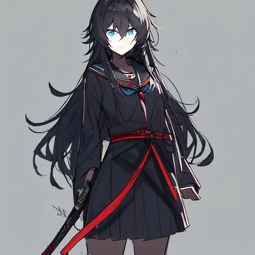 Clear focus, High resolution, long black fluffy hair, blue eyes, wearing a black sailor uniform, red tie, yandere, rough line sketch, dark aura, holding a katana, hair between eyes, 1girl, standing in grey sand, scary