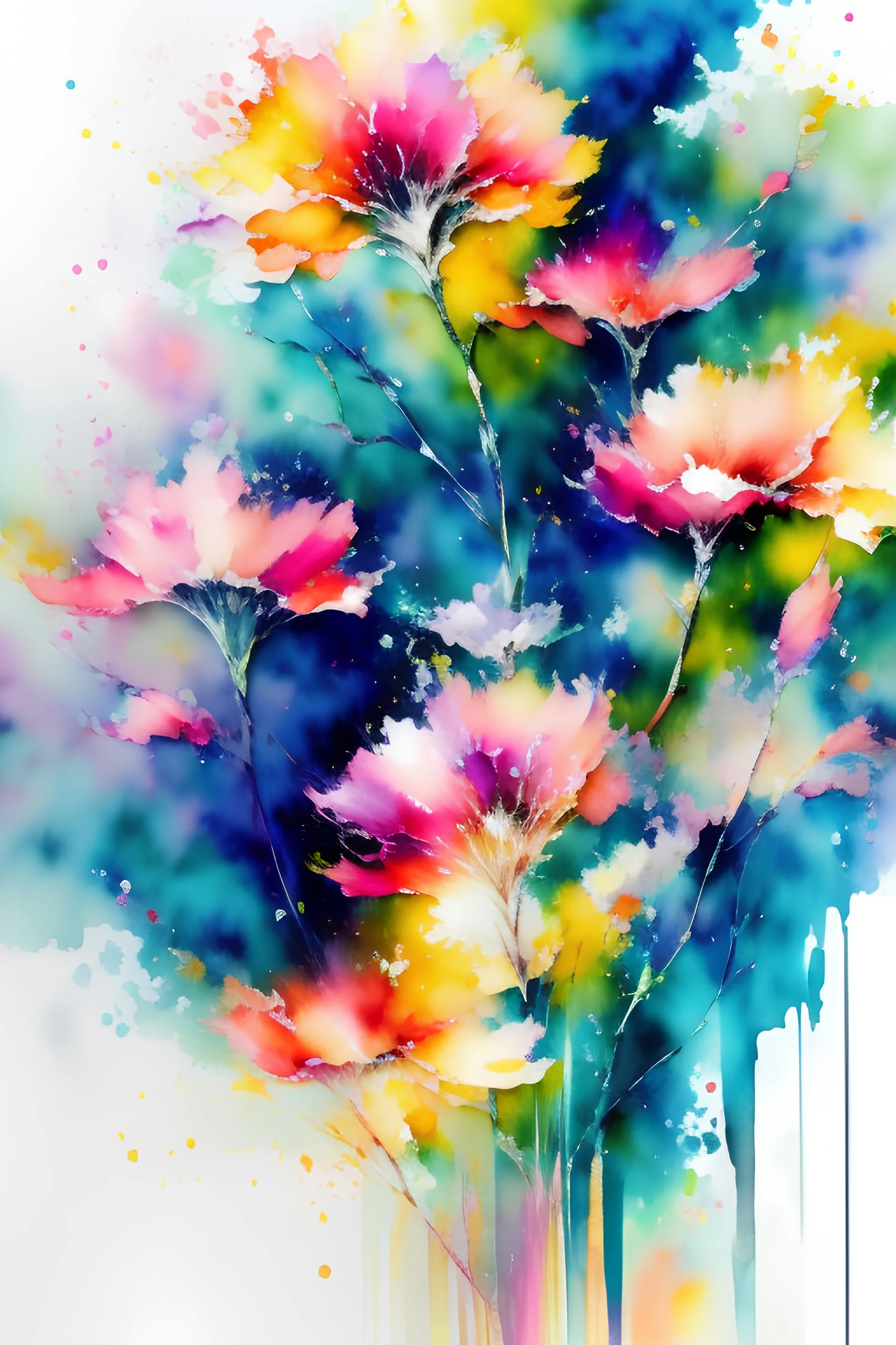 Watercolor, abstract, impressionist, not much detail patterns: Dive into a burst of vibrant colors, resembling an explosion of joy on canvas, with soft edges and a whimsical dance of pigments that invites the viewer to lose themselves in the kaleidoscopic bliss.