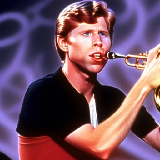 REd-haired ron howard as richie from happy days playing the saxophone with his eyes closed, rock band, saxophone lips