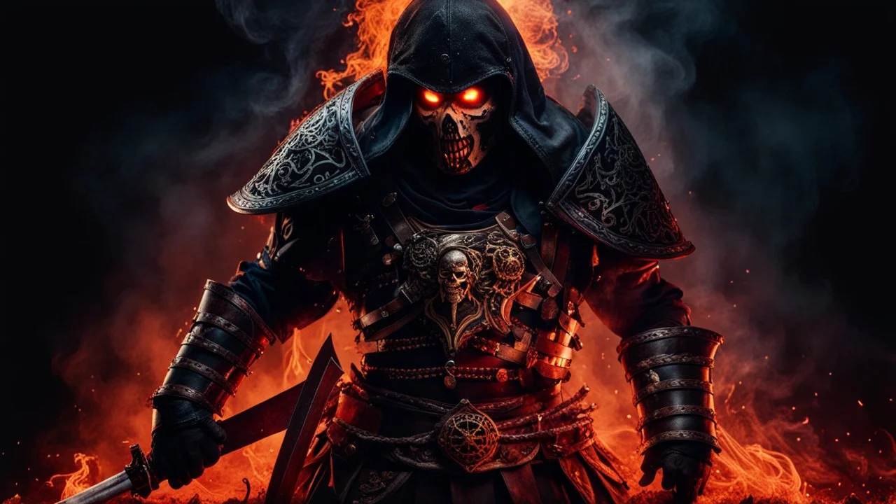 a warrior with bones sticking out of his chest and with eyes made of embers surrounded by smoke. he is fighting a fiend. dark horror setting. terrifying horror backgrund. blood, guts, gore. visceral.