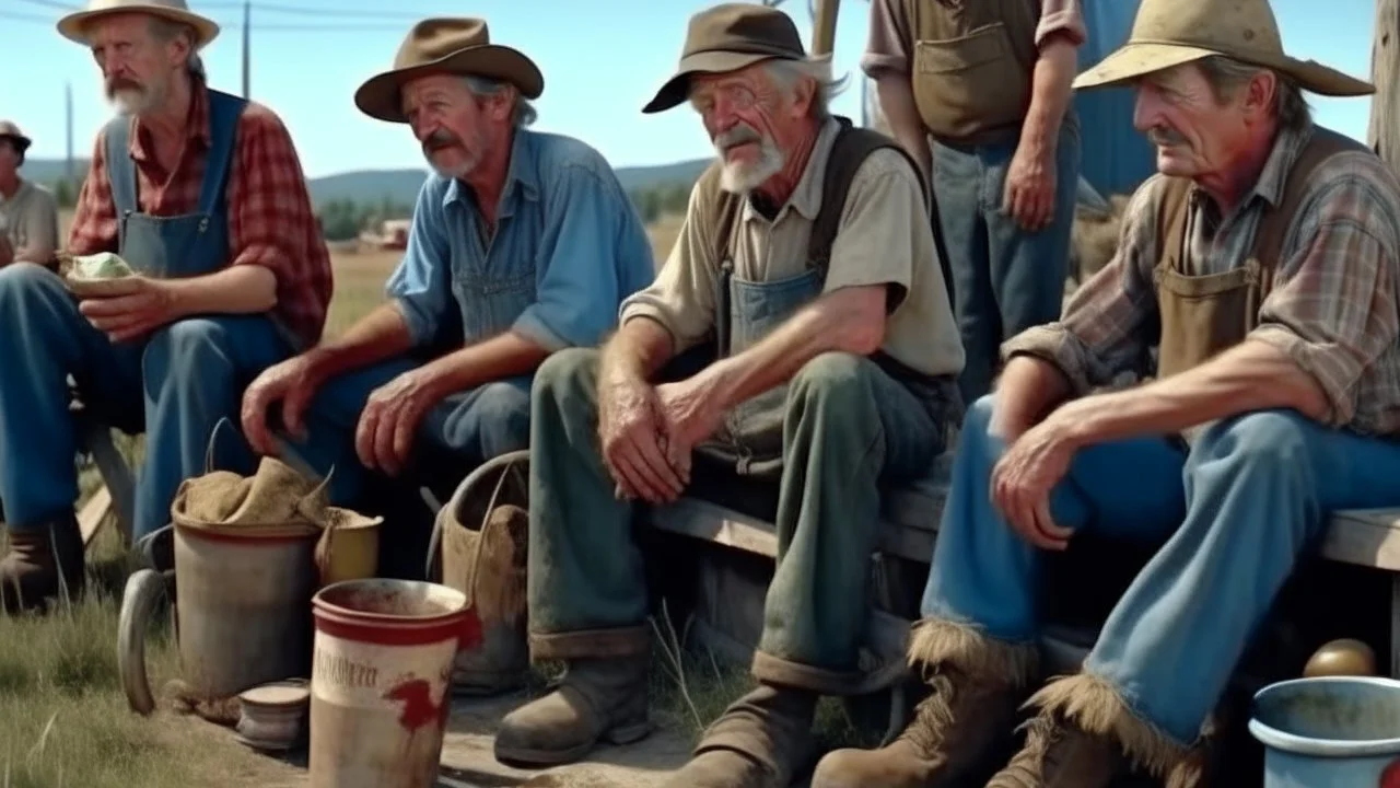 In a mesmerizing combination of brilliant and fading shades, photorealistic,an insanely detailed photographof a family get together of flimsy mid western ugly and dirty kentucky hill billy farmers in ragged overall and holed shoes, eating from a carbage bins outside a mcdonald restaurant 8k UHD