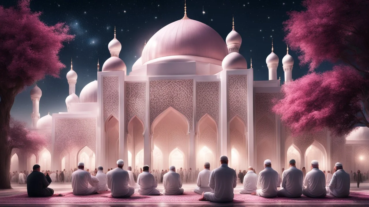 Hyper Realistic lots of men-praying-outside a beautiful grand-white-&-pink-mosque with Ramadan-lighting-decorations at dark night with stars on sky & tree-arches