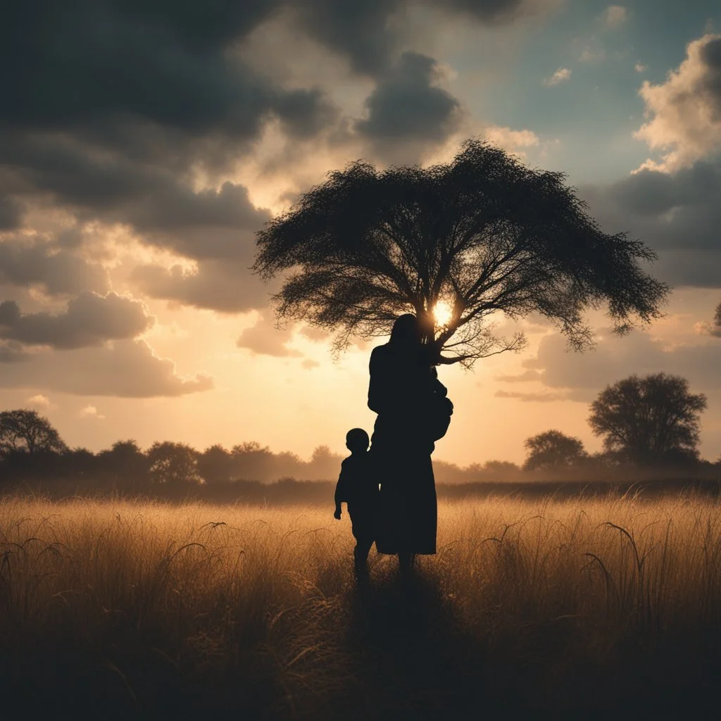 Hyper Realistic Silhouette of a mother carrying her child at cloudy sunset in a field with tall grass & a old-thick-tree showing cinematic & dramatic ambiance