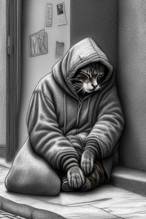 One single mature homeless cat with worn out clothes, sleeping in a corner on the street, Vienna, mourning, model style, hyper realistic, extremely accurate, delicate, extremely detailed, Graphic novel style, wide-angle, open aperture, superfine pencil