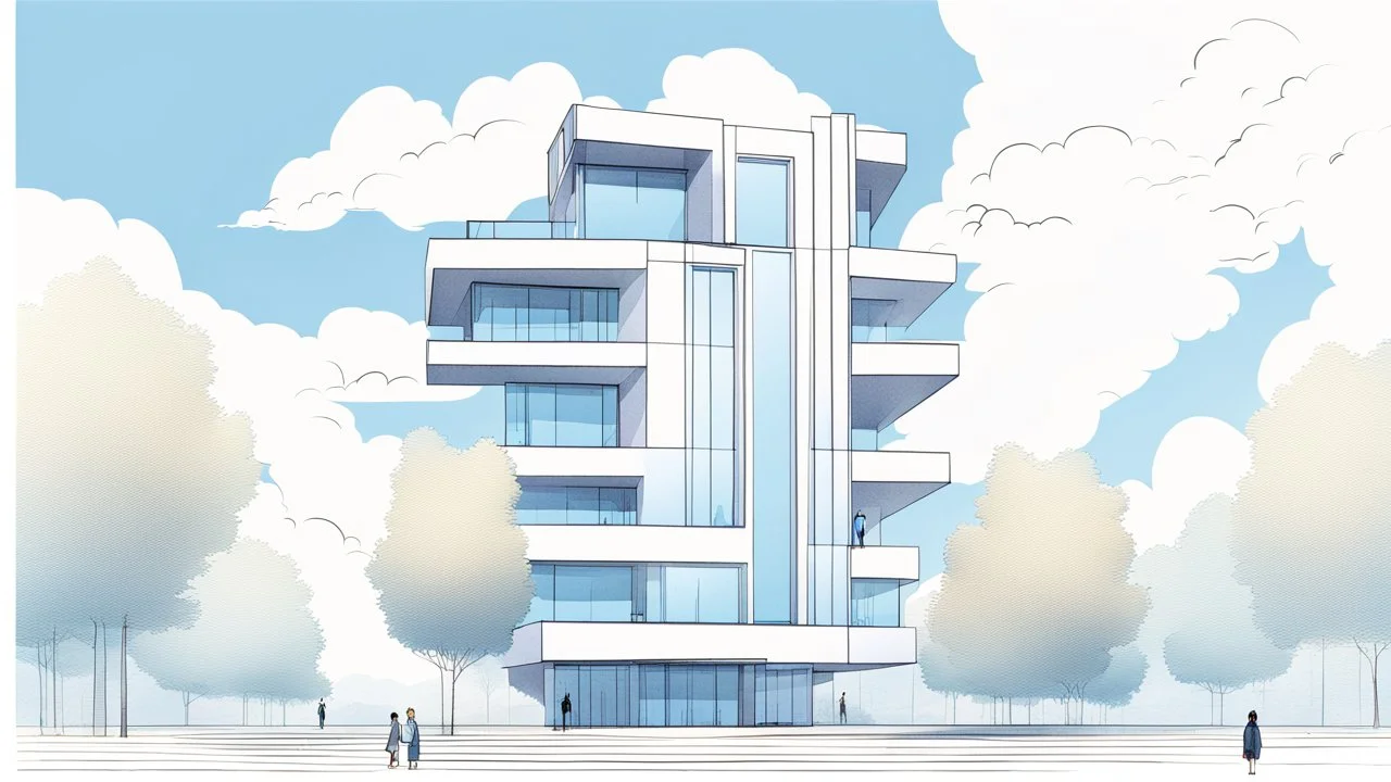 Dibujo arquitectónico de un edificio de cinco pisos, moderno, diseñado aplicando la proporción, estilo minimalista futurista, calidad ultra, gente, árboles, colores contrastantes, cielo con nubes pequeñas, 64k