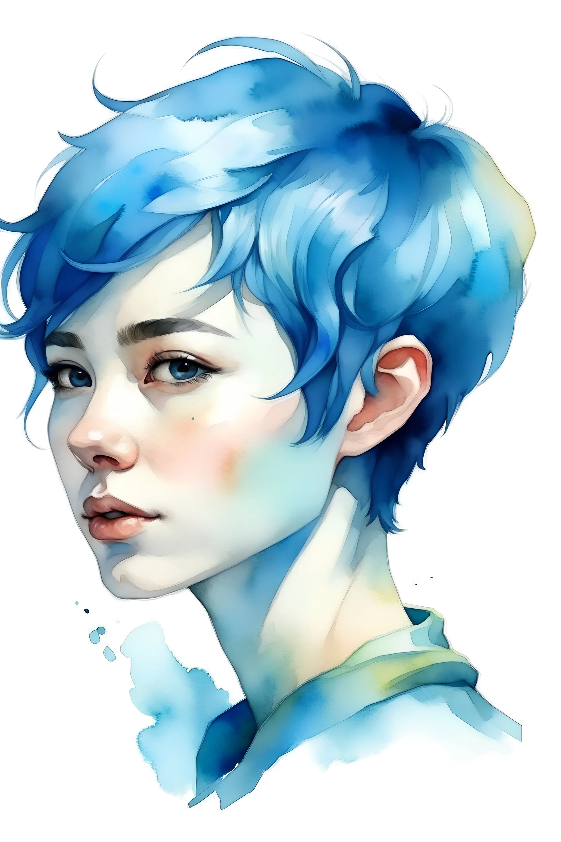 Watercolor short blue hair female portrait
